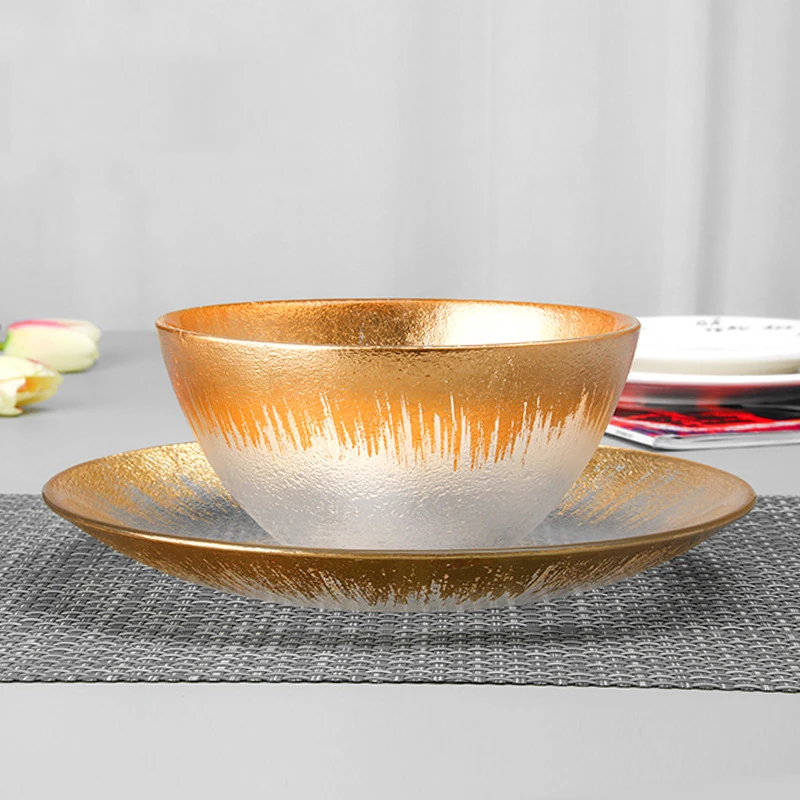 Gold Crystal Glass Flat Plate Dinnerware, Soup Bowl Dinner Tray, Big Food Tray, Rice Bowl, High Glass Serving Plate