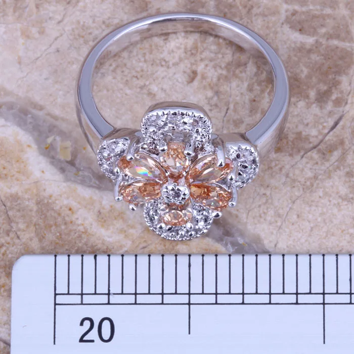 Majestic Brown Morganite White CZ Silver Plated Stamped Flower Ring Size 6 / 7 / 8 / 9 R0186