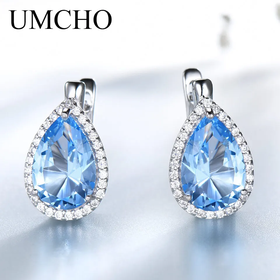 

UMCHO Solid 925 Sterling Silver Earrings Pear Nano Sky Blue Topaz Emerald Gemstone Clip Earrings For Women Birthday Gift Jewelry