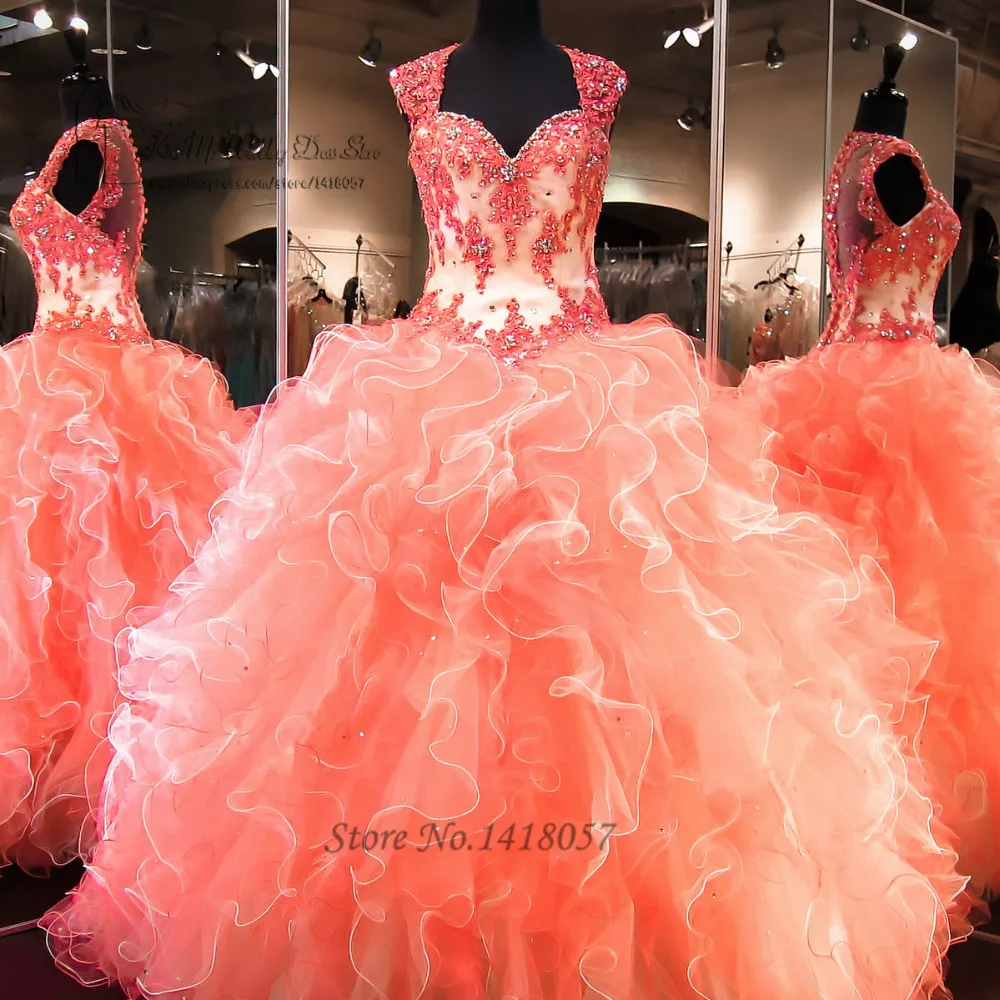 Echt Günstige Coral Quinceanera Kleider Kleider Spitze Perlen Vestidos de Quitte anos 2016 Süße 16 Kleider Ballkleid Debütantin Kleider