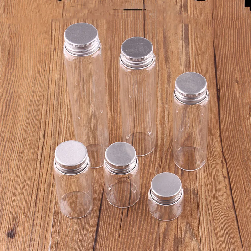 15pcs Dia 37mm 20ml/50ml/70ml/90ml/125ml/150ml Transparent Glass Spice Bottles Candy Jar Terrarium with Screw Aluminum Lid Craft