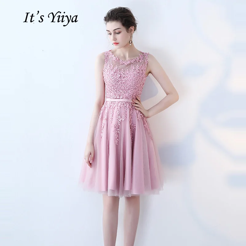 

It's YiiYa Cocktail Dress Little Appliques Beading Pink Wedding Formal Dresses Flowers Illusion Knee Length Party Gown LX073-2