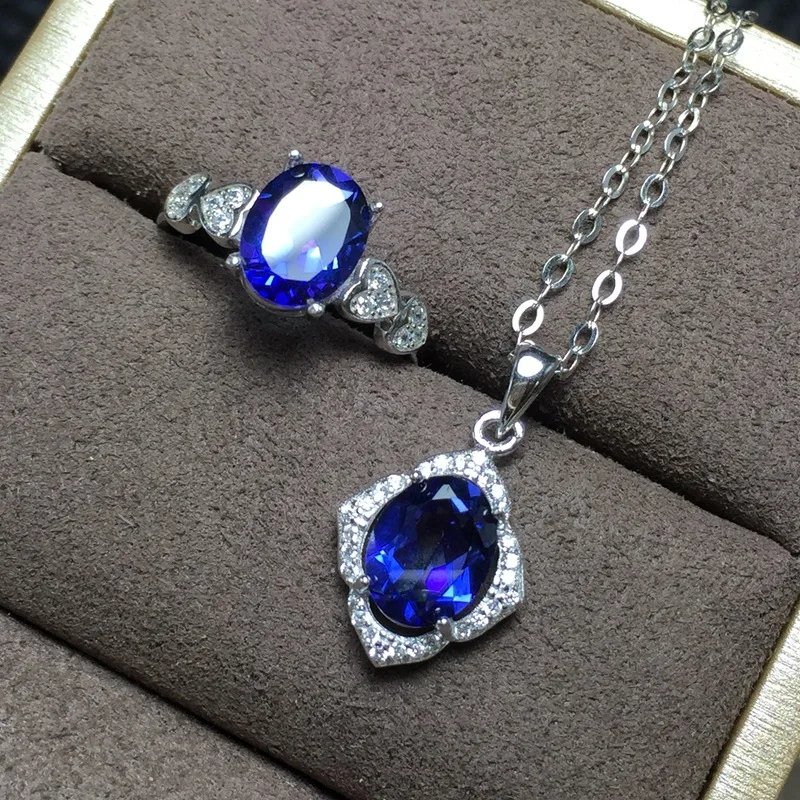 

KJJEAXCMY boutique jewels 925 sterling silver inlaid with natural tanzanite topaz ring pendant necklace for women's 2 sets godde