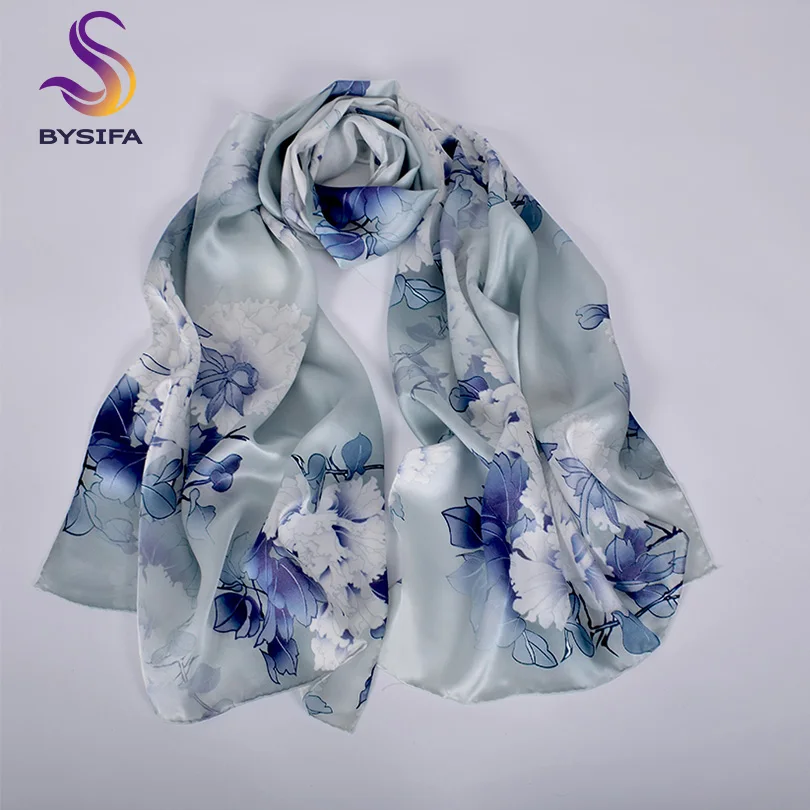 [BYSIFA] Pure Silk Silver Grey Scarves Chinese Style Peony Flower 100% Silk Long Scarf Shawl Fashion Spring Fall Neck Scarf Cape