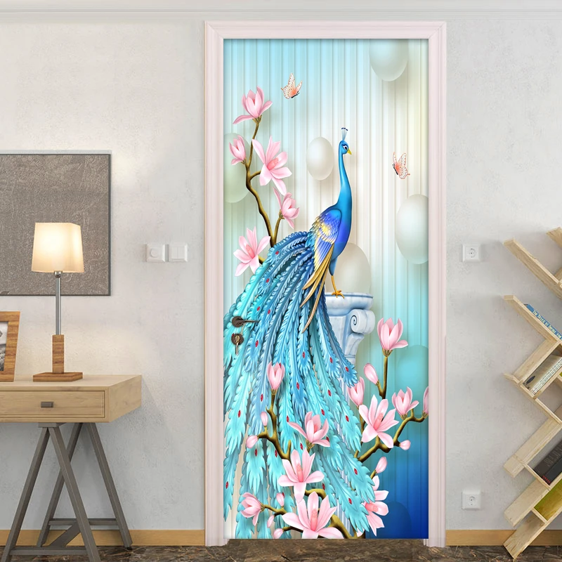 

Door Sticker PVC Self-adhesive Mural Peacock Flowers 3D Poster Photo Wallpaper For Bedroom Living Room Decor 3D Sticker Decal