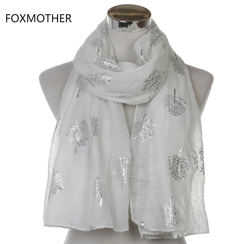 Dropshipping 2021 New Spring Summer Fashion Ladies White Navy Bronzing Silver Metallic Tree Glitter Scarf Scarves Gifts