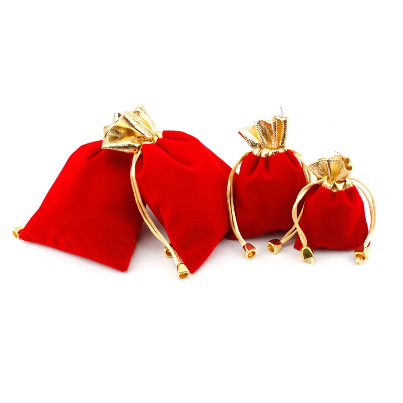 5pcs/lot Multi Size Red+Gold Color Velvet Package Bags 7x9 9x12 12x16cm Organza Drawstring Gift Bags Wedding Jewelry Pouches