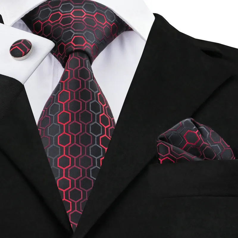 

SN-584 Black Dimgray Red Geometric Tie Hanky Cufflinks Sets Men's 100% Silk Ties for men Formal Wedding Party Groom