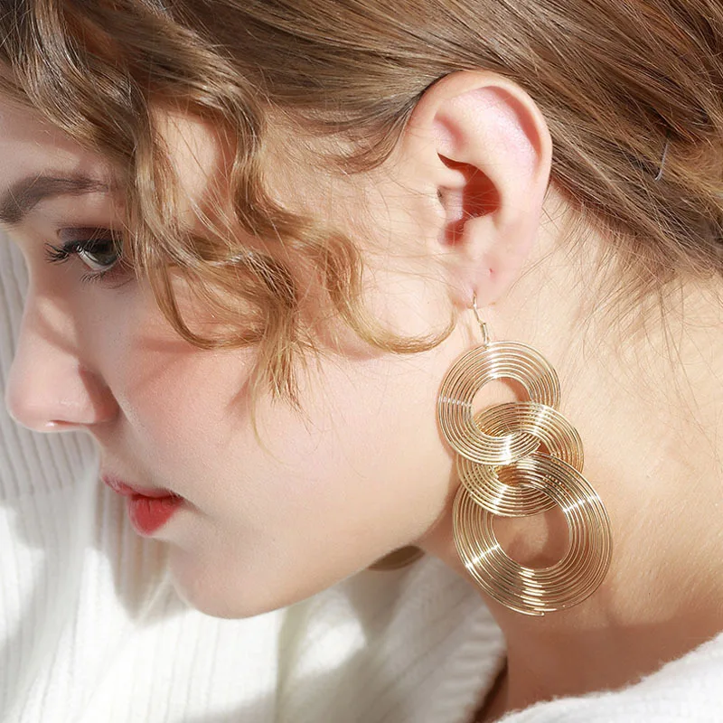 JIOFREE Punk Gold Color Big Geometric 3 Circle Long Clip Earrings For Women Bohemian Party Exaggerated Brincos Fashion Jewelry