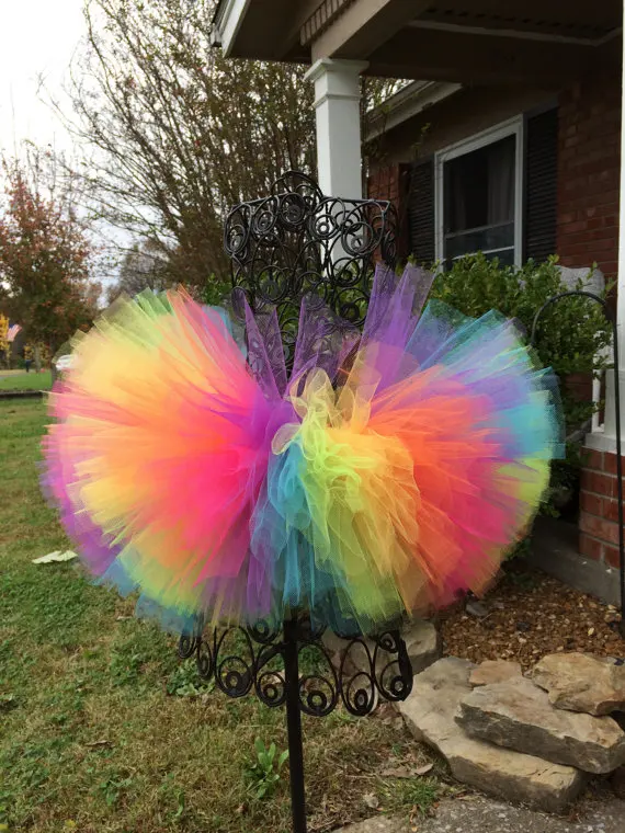 Rainbow Tutu Skirt Baby Girls Handmade Tulle Skirts Ballet Dance Pettiskirts Tutus with Pink Ribbon Bow Kids Party Costume Skirt