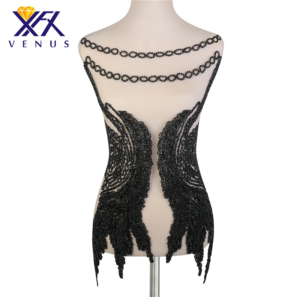 

XINFANGXIU 1Pcs Elegant Sewing-On Beaded Patches Applique Large Size Big Clothing Triming With Mesh Fabric Base