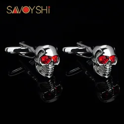 SAVOYSHI Fashion Mens Shirt Cufflinks Brand High quality Red Crystal Silver color Skull Cuff links Halloween Party Gift Jewelry