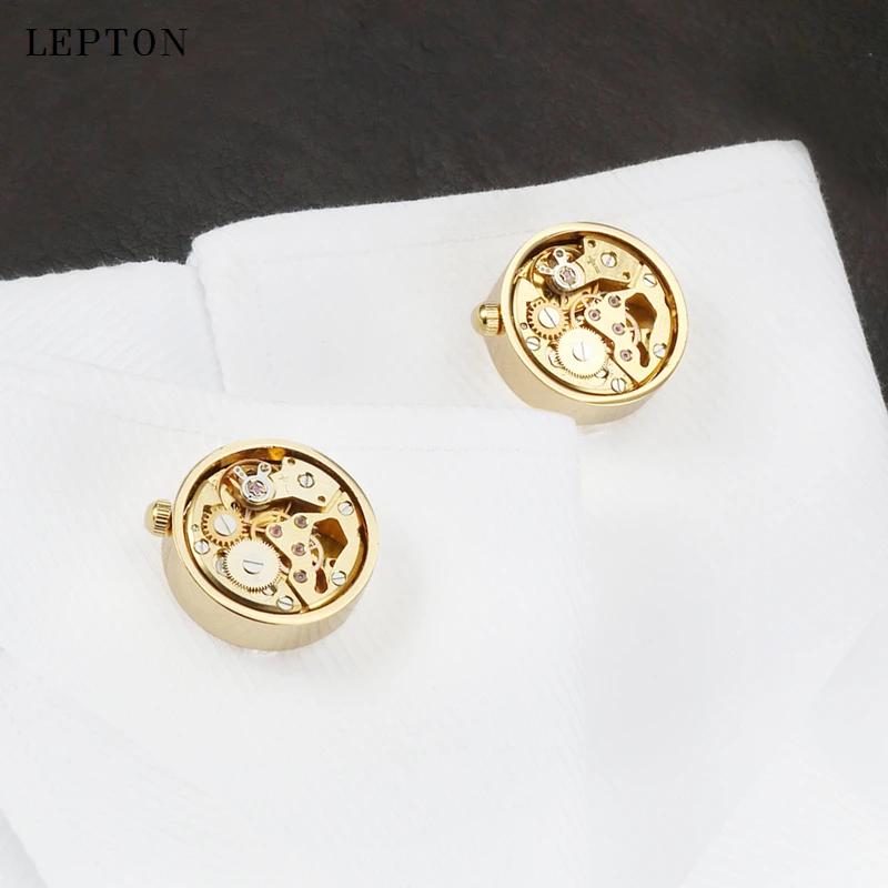 Hot Sale Non-Functional Watch Movement Cufflinks For Mens Lepton Round Gold Color Steampunk Gear Watch Mechanism Cuff links