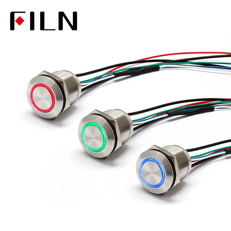 FILN 19MM 12V tri color IP68 waterproof flat round momentary push button switch metal stainless steel  with wire