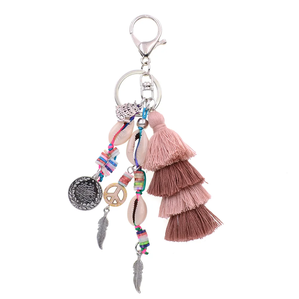 WELLMORE new handmade shell with long tassel alloy Key Chain For Women Girl Bag Keychain