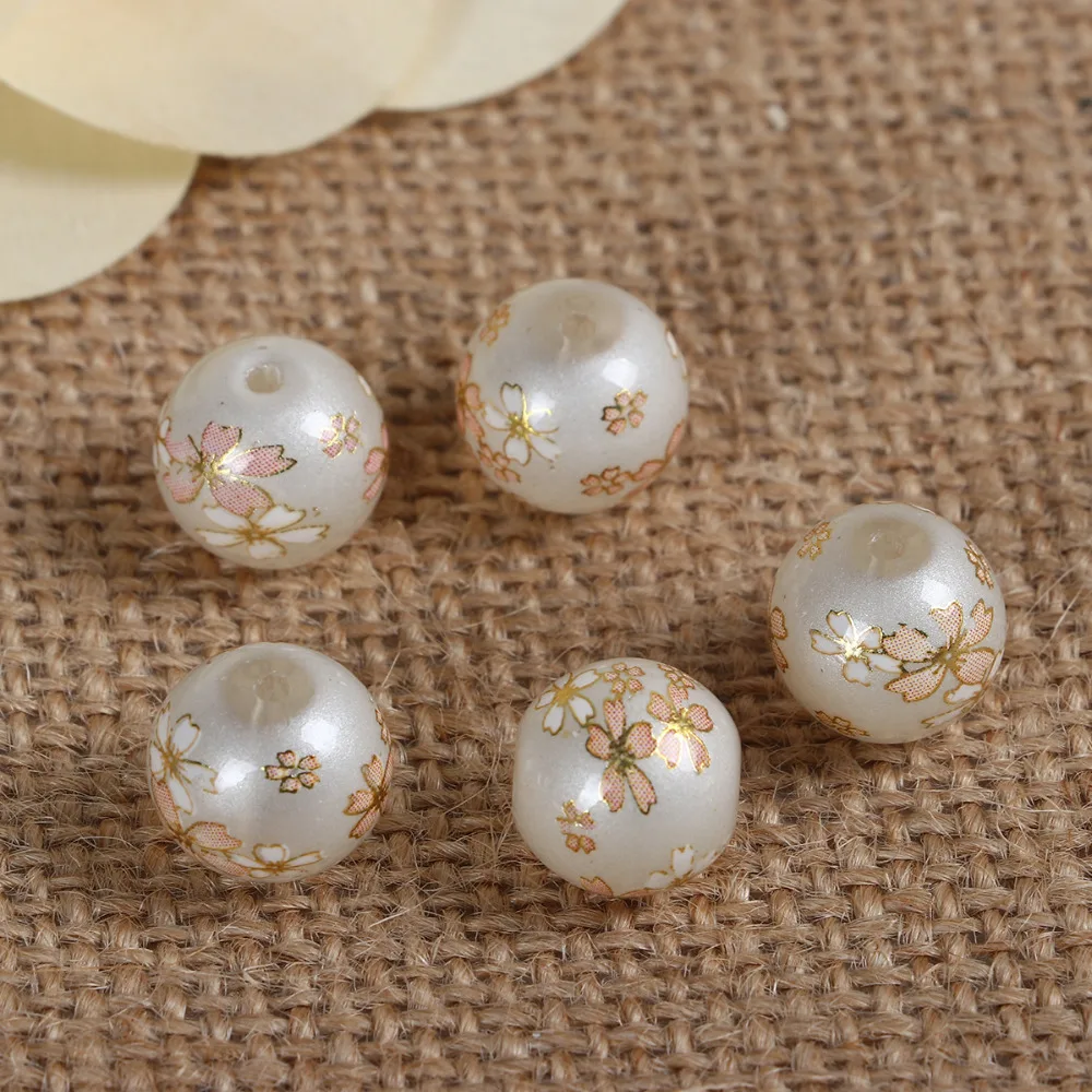 DoreenBeads Glass Painting Vintage Japanese Tensha Beads Round Sakura Flower Pattern Imitation Pearl About 12mm( 4/8") Dia 5 pcs