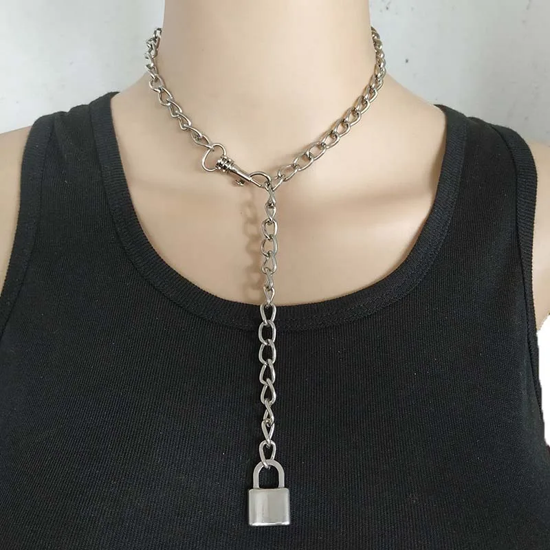 Handmade Punk Rock Men Women Lock Pendant Choker Unisex Cool Gothic Necklace PadLock Pendant Chain Collar