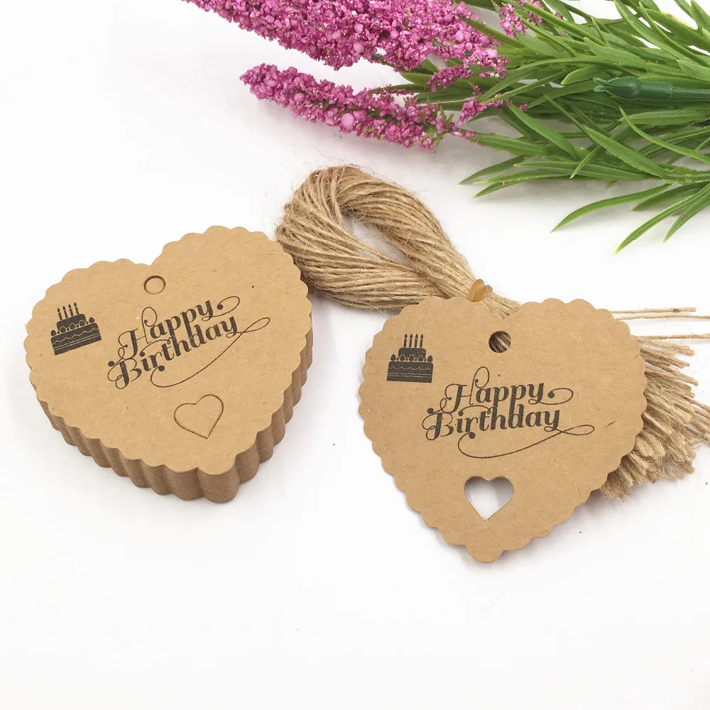 

200pcs tags and 200pcs strings 6.5x6cm happy birthday kraft Tag for gift box and Paper Cards birthday cake Gift Tags