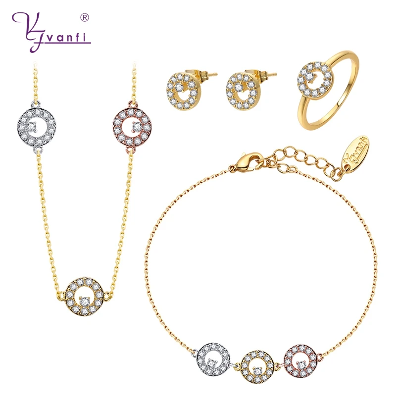 Round Shape Gold White Rose Gold Three color plated copper Necklace Earrings Bracelet Rings jewelry sets