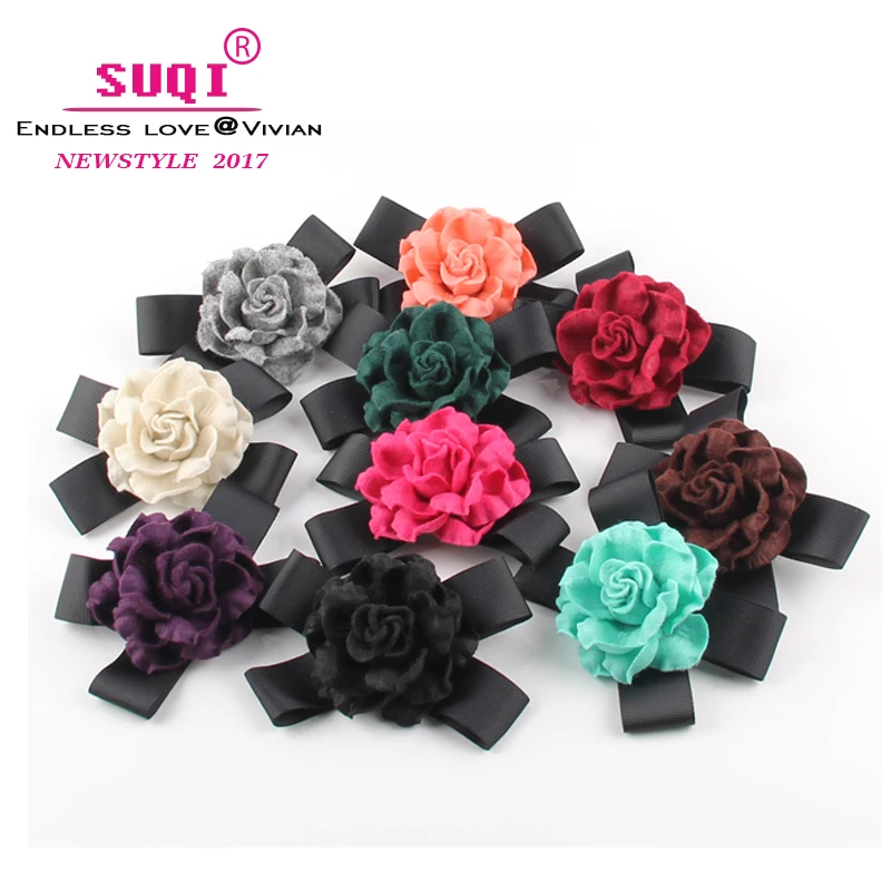 Vintage Charms Women Quality Faux Wool Fabric Rose Flower Bow Brooches Handmade Costume Accessories Big Elegant Brooches