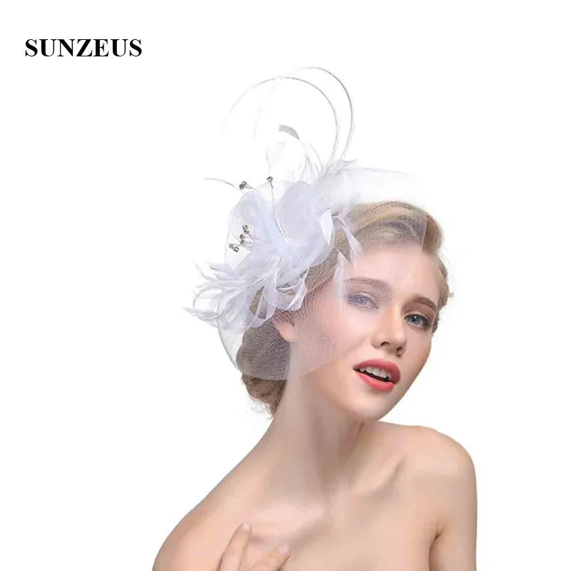 Weichen Tüll Gesicht Schleier Federn Fascinator Hüte für Braut Weiße Handgemachte Blumen mit Perlen Hochzeit Haar Zubehör SH29