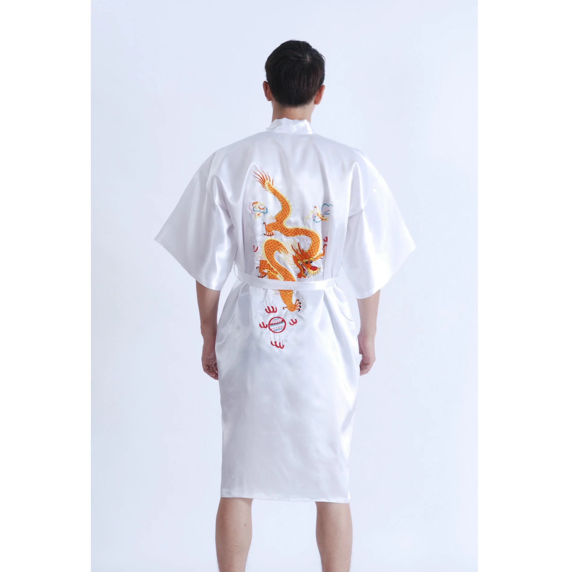 Chinese Style Embroider Dragon Bathrobe Men\'s Silk Satin Dressing Gown Robe Male Sleepwear With Belt S M L XL XXL XXXL