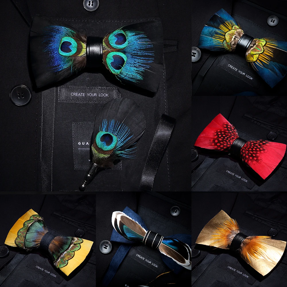 KAMBERFT Brand Men Bow-tie Brooch Set Feather Style Leather Bow Tie Adjustable Formal Tie Bowtie Wedding Party Best Gift