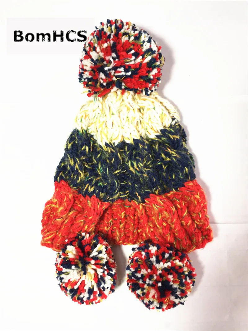 BomHCS Winter Women's Handmade Knitted Beanie with 3 Pompoms Color Mixing Fashion Warm Hat