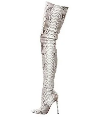 بيثون مطبوعة الجلود الفخذ عالية التمهيد الجانب سستة الشتاء أحذية طويلة الأبيض جلد الثعبان الأحذية خنجر كعب مدبب تو الأحذية