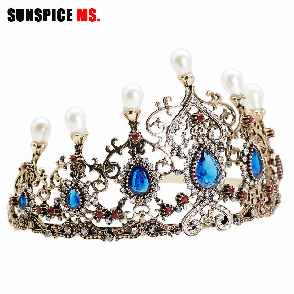 Sunspicems Vintage Turkish Crystal Pearl Tiara Bridal Crown Boehmia Wedding Hair Accessories Party Jewelry Big Headbands