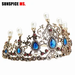 Sunspicems Vintage Turkish Crystal Pearl Tiara Bridal Crown Boehmia Wedding Hair Accessories Party Jewelry Big Headbands