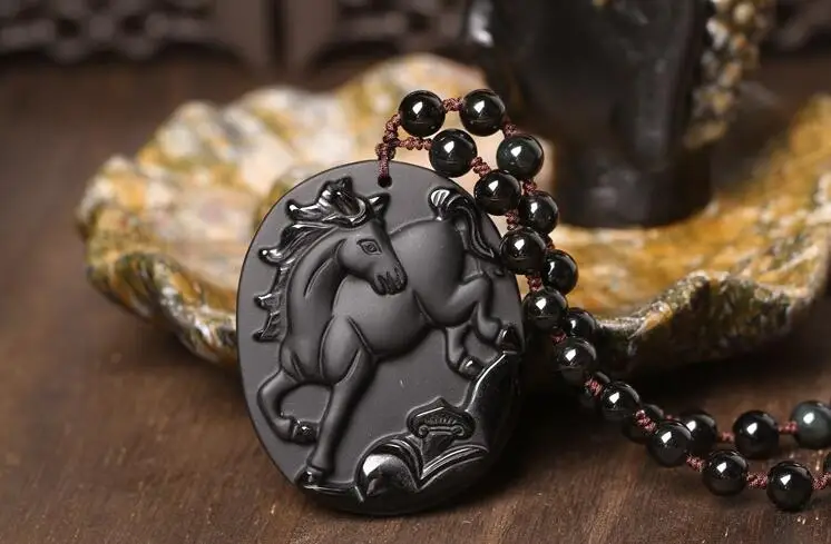 

A natural male and female Obsidian twelve zodiac Horse Pendant evil fortune transport wholesale supply accessories