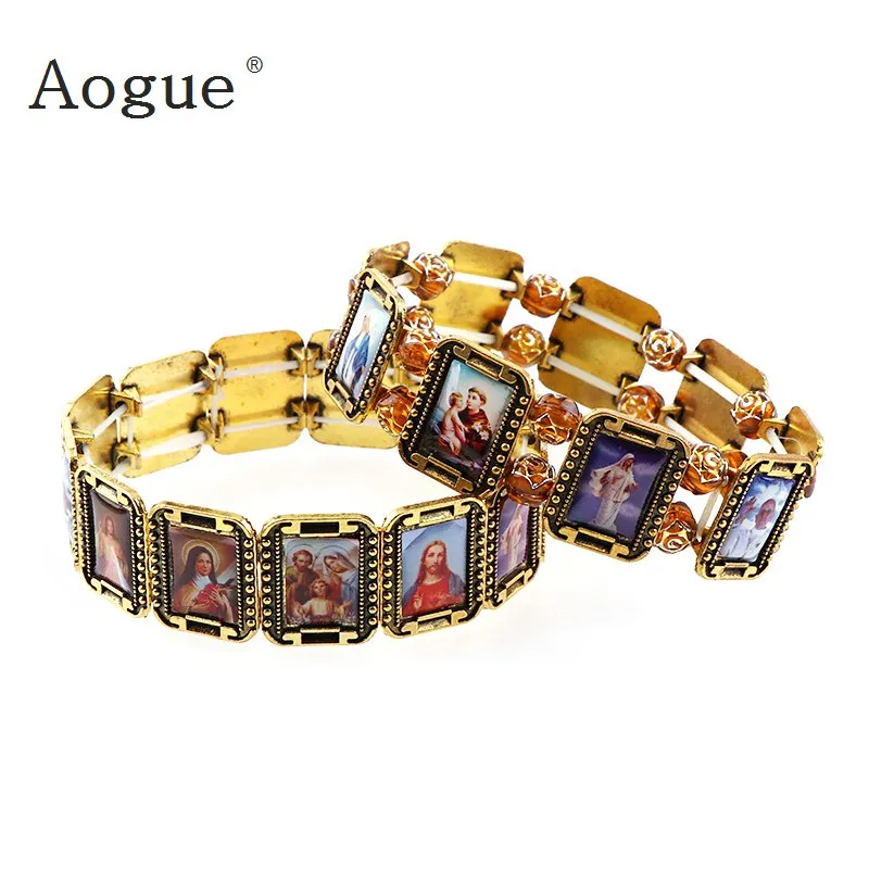 Catholic Alloy Bracelet Random Jesus Icon Jewelry Rosary Heart Saint Mercy Saint Icon Bangle Religious Rosary Bead Bracelet