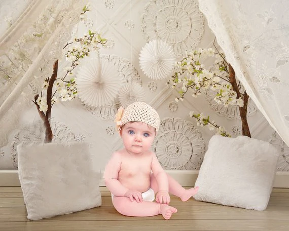 Baby Toddler Child White Lace Canopy Vintage flower background   Computer print newborn baby backdrops