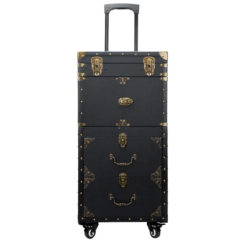 Hairdressing Makeup Tool Box Trolley Retro Luggage with Double Drawer Hair Stylist Large Box Beauty Salon Tattoo Cosmetic Case