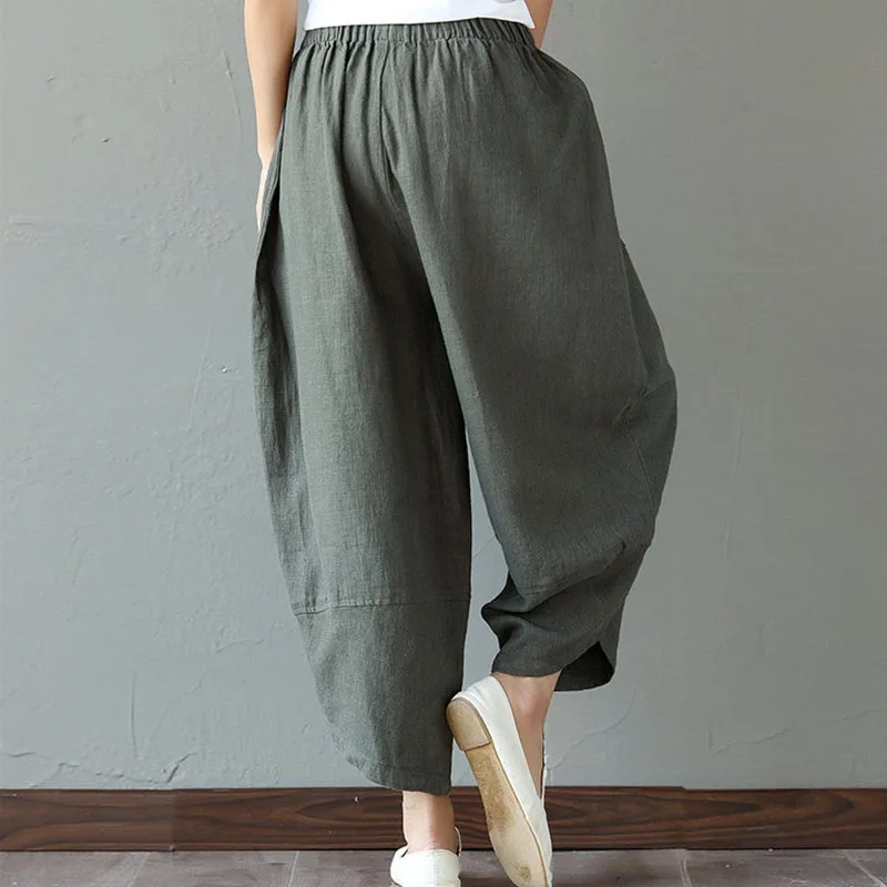 Celana Harem Wanita Sarouel Pantalon Celana Panjang Kaki Lebar Linen Katun Vintage Boho Celana Panjang Hippie Wanita Ukuran Besar 2XL