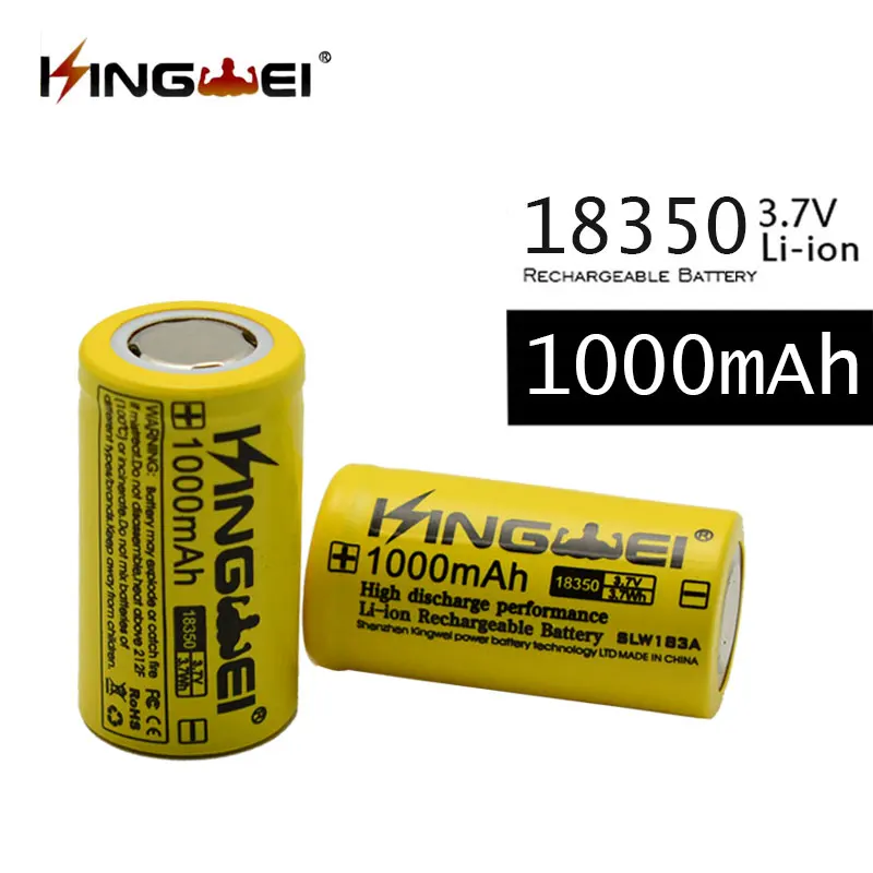 100 pz/lotto kingwei 18350 1000 mAh 3.7 V Batteria Ricaricabile Li-Ion Batteria Al Litio per Led Torcia Elettrica Della Macchina Fotografica Del Faro