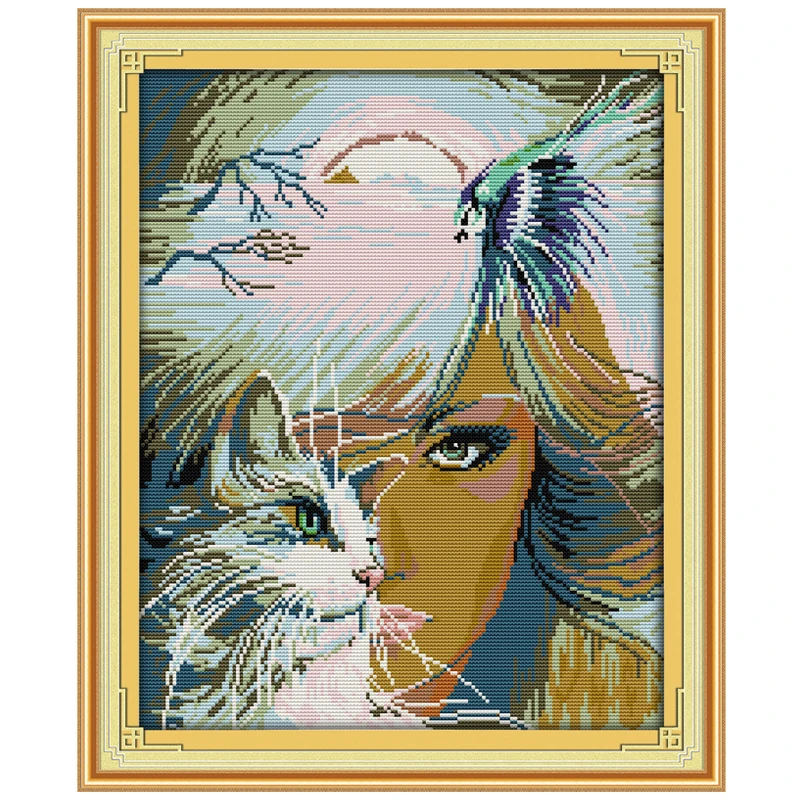 Girl and Cat (2) Patterns Counted Cross Stitch Set DIY 11CT 14CT 16CT Stamped Cross-stitch Kit Embroidery Needlework Home Decor