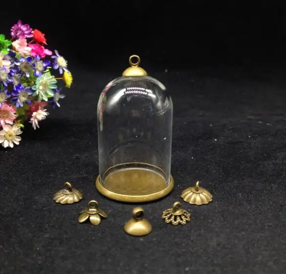 20pcs 38*25mm bell jars shape bronze plated glass globe classic base cap set glass vial pendant handmade empty crystal finding