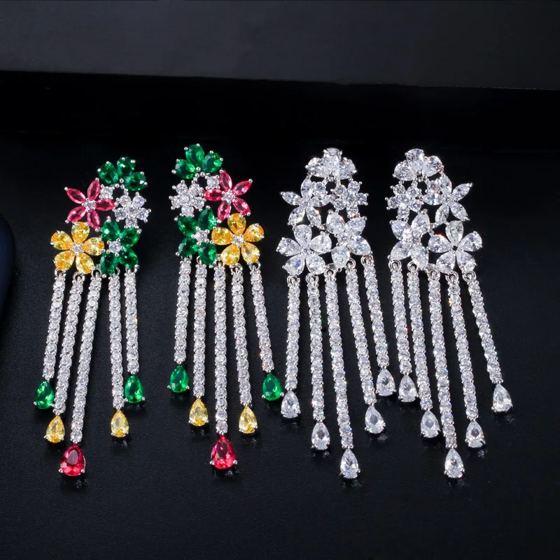 CWWZircons Sparkling Cubic Zirconia Pave Long Flower Tassel Drop Wedding Earrings for Women Party Dress Jewelry CZ568