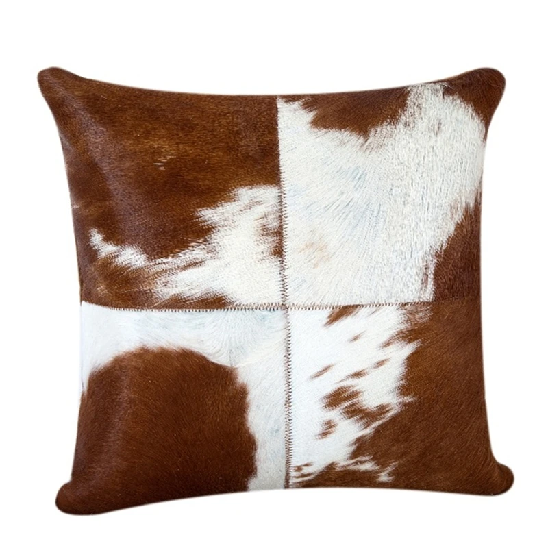 Amercian Style White  Brown Natural Cowhide Fur Cushion, 45cm/50cm/60cm