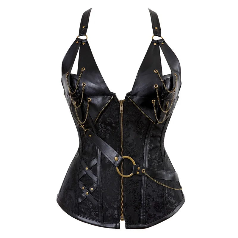 Sapubonva Steampunk Corsets And Bustiers Halter Plus Size Corset Pu Leather Gothic Punk Corset Zip Burlesque Basque Costume Sexy