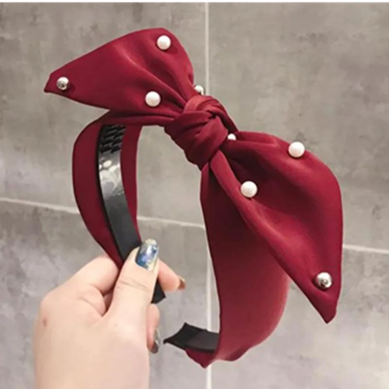 Burgundy Satin Headband Toothed Women Solid Bow Hairband Pearls Not Slip Hair Bow Headband Girls Adult Head Band Bowknot Turban