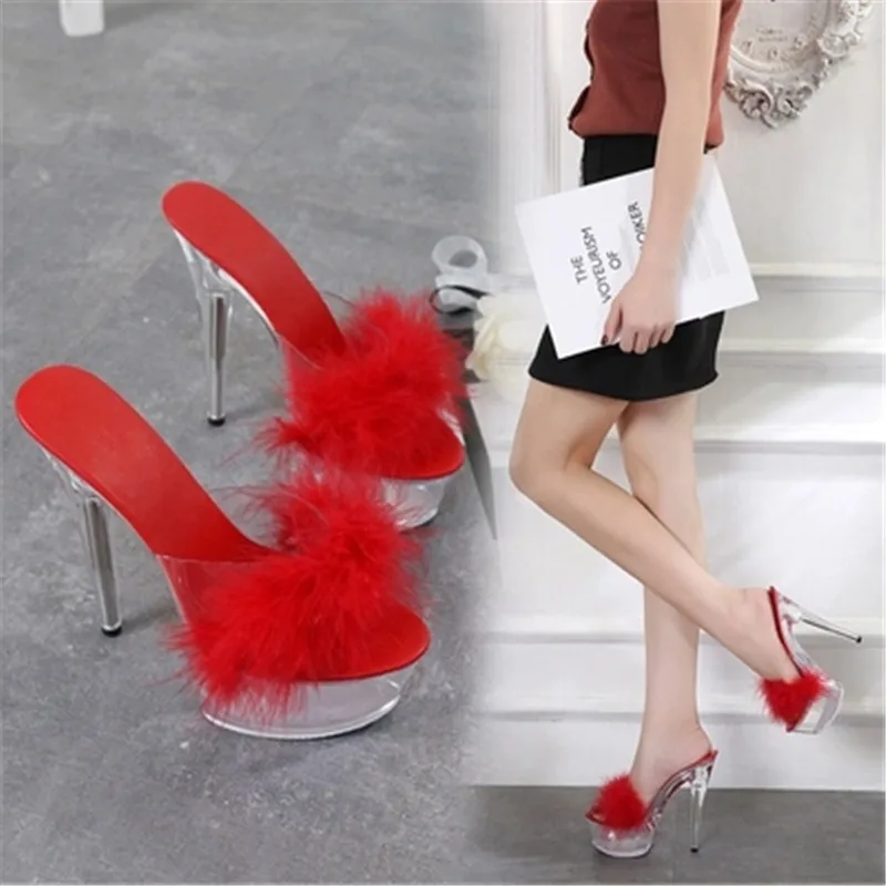 

Transparent stiletto sandals, sexy 15 cm, feather uppers fashion dancer slippers