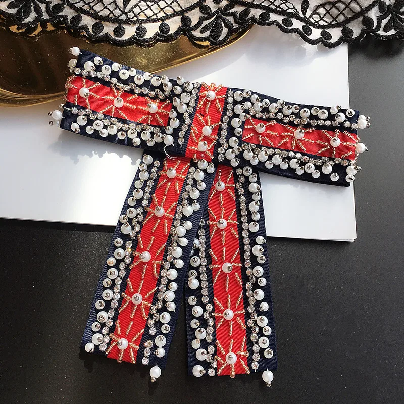 Hand nail bead bow tie patch dress collocation college wind bowknot patch pearl applique stripe tie knot brooch female