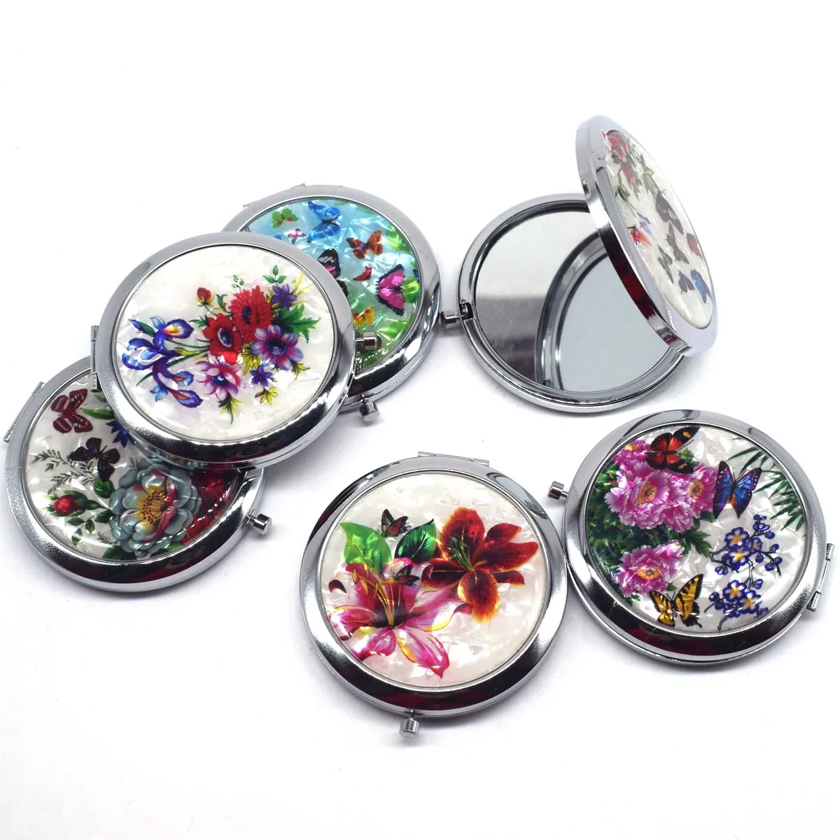 Mini Makeup Compact Pocket Mirror Flower Butterfly Bamboo Metal Portable Two-side Folding Makeup Mirror Vintage Cosmetic Mirrors