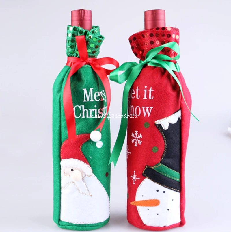 

200pcs Christmas Wine Bottle Bags Decor Santa Claus Snowman Deer Bottle Cover Clothes Kitchen Christmas Decoration