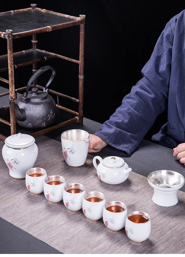 

Pure Silver Kungfu Teaware Set Blue And White Porcelain Set Ceramic Teapot Six Inner Gallbladder Silver Tea Cup Gifts