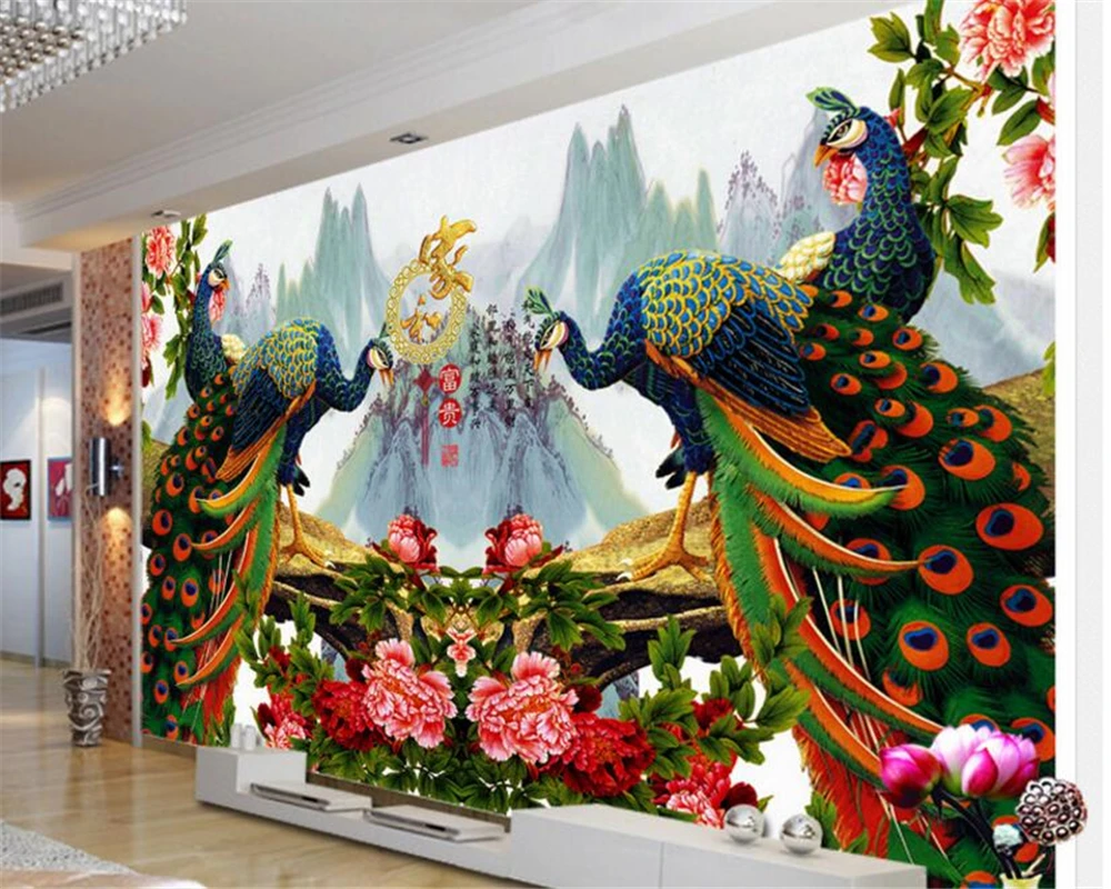 

beibehang Beautiful fashion 3d wallpaper rich peony peacock TV wall decoration painting papel de parede wallpaper for walls 3 d