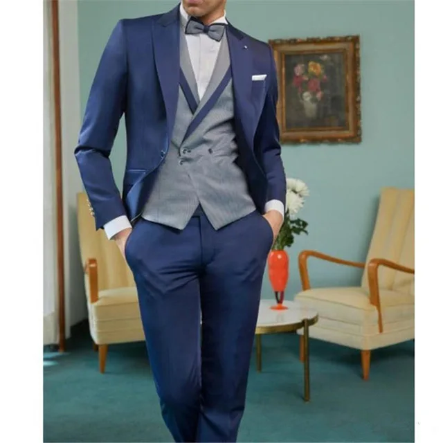 

2019 Navy Blue Formal Italian Men's Bespoke Business Wedding Suits Male 3 Pieces Grooming Tuxedos Suits Traje Hombre